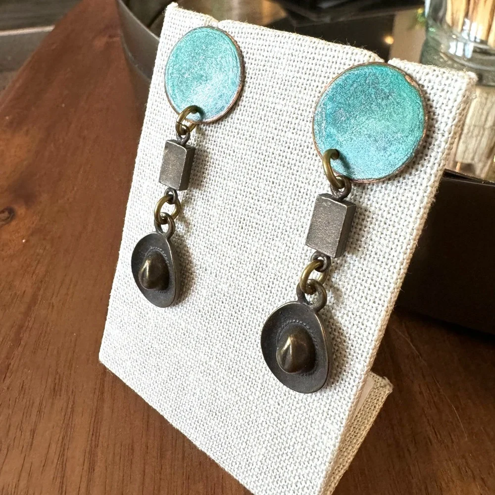 Artisan Copper and Brass Cowboy Hat Earrings